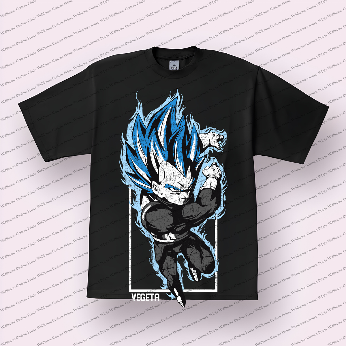 Vegeta Chibi Super Saiyan Blue Battle Pose Distressed Anime Graphic T-Shirt