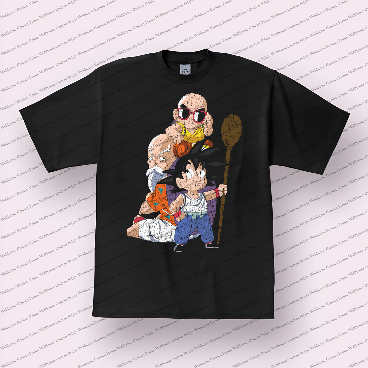 Z Warriors Collage Kid Goku with Roshi Krillin Distressed Anime Graphic T-Shirt