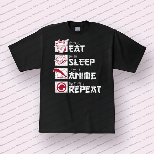 Eat Sleep Anime Repeat Distressed Design Graphic Tee