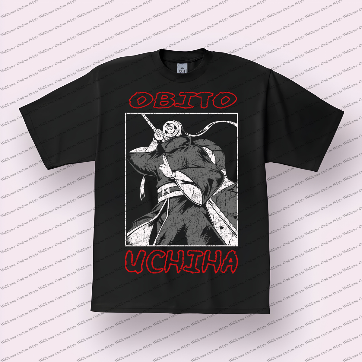 Obito Masked Portrait Monochrome Text Distressed Anime Graphic T-Shirt