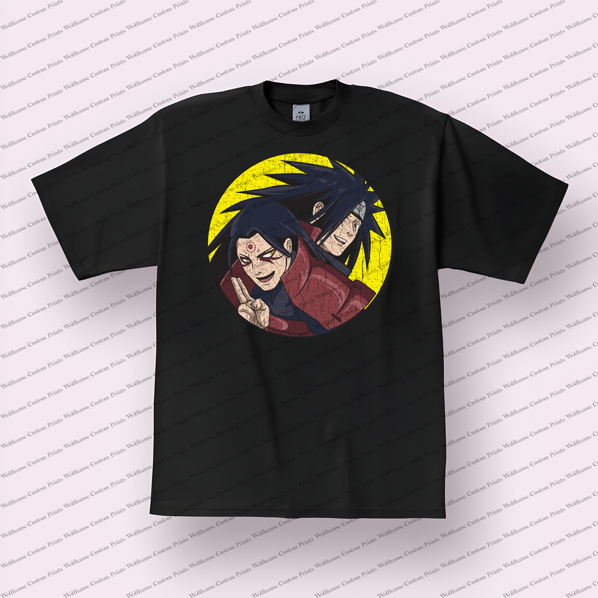Madara Duo Circle Yellow Background Distressed Anime Graphic T-Shirt