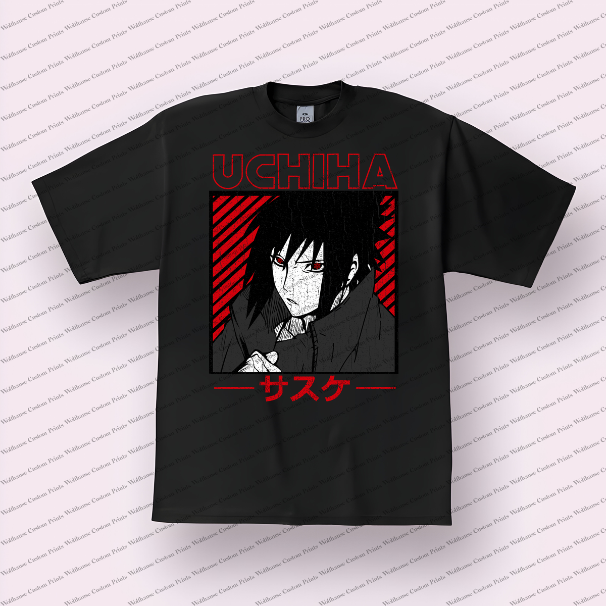 Sasuke Portrait Red Black Manga Style Distressed Anime Graphic T-Shirt