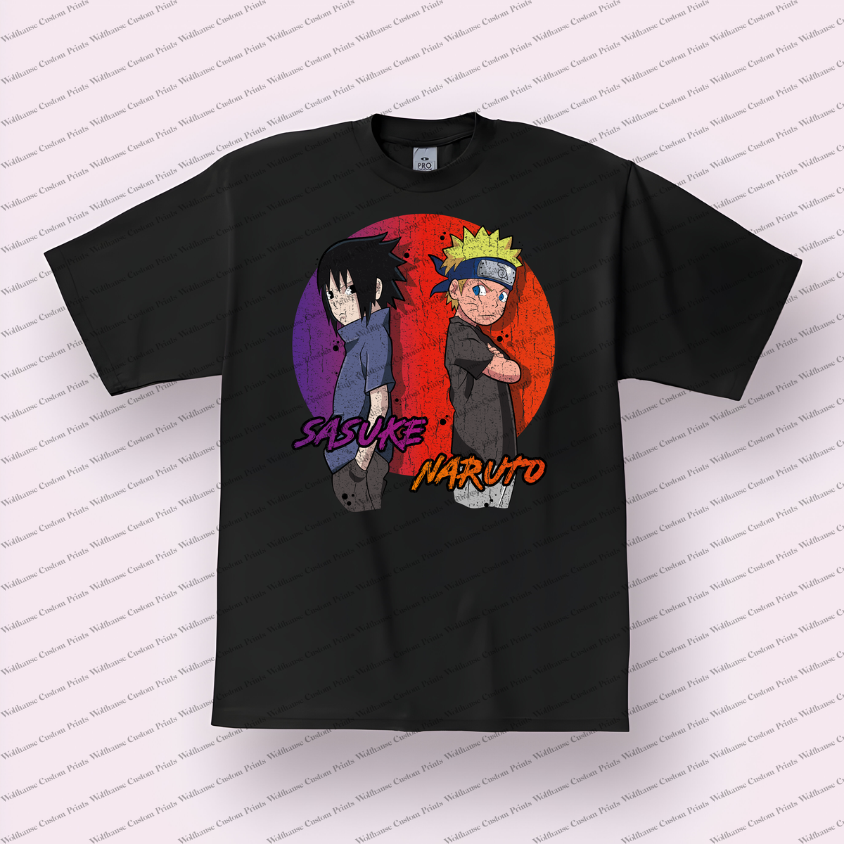 Sasuke and Naruto Back To Back Circle Duo Distressed Anime Graphic T-Shirt