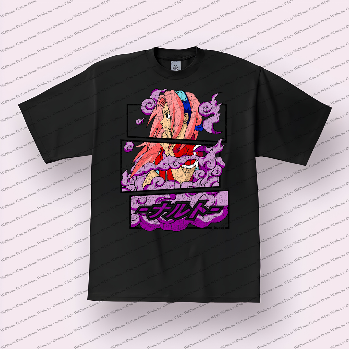 Sakura Pink Hair Purple Clouds Distressed Anime Graphic T-Shirt