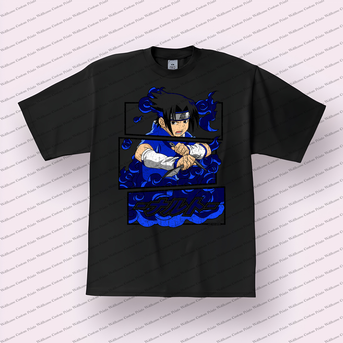 Sasuke Blue Outfit Kunai Japanese Text Distressed Anime Graphic T-Shirt