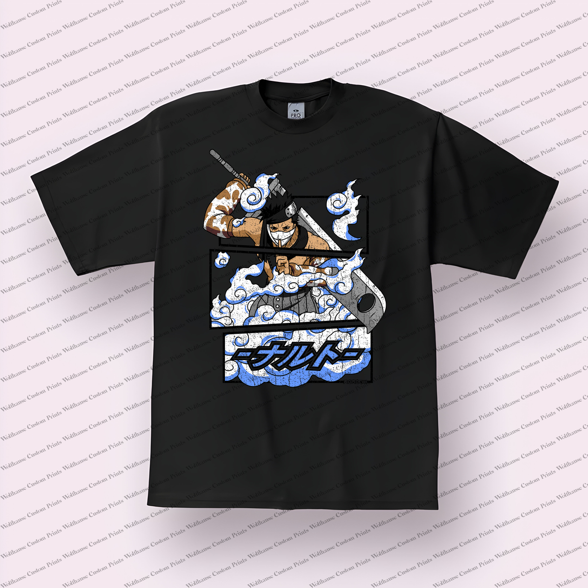 Zabuza Greatsword Blue Clouds Masked Distressed Anime Graphic T-Shirt