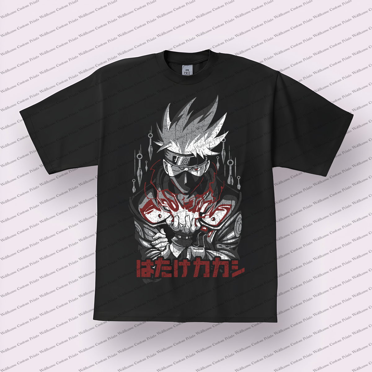 Kakashi Kunai Portrait Japanese Text Distressed Anime Graphic T-Shirt