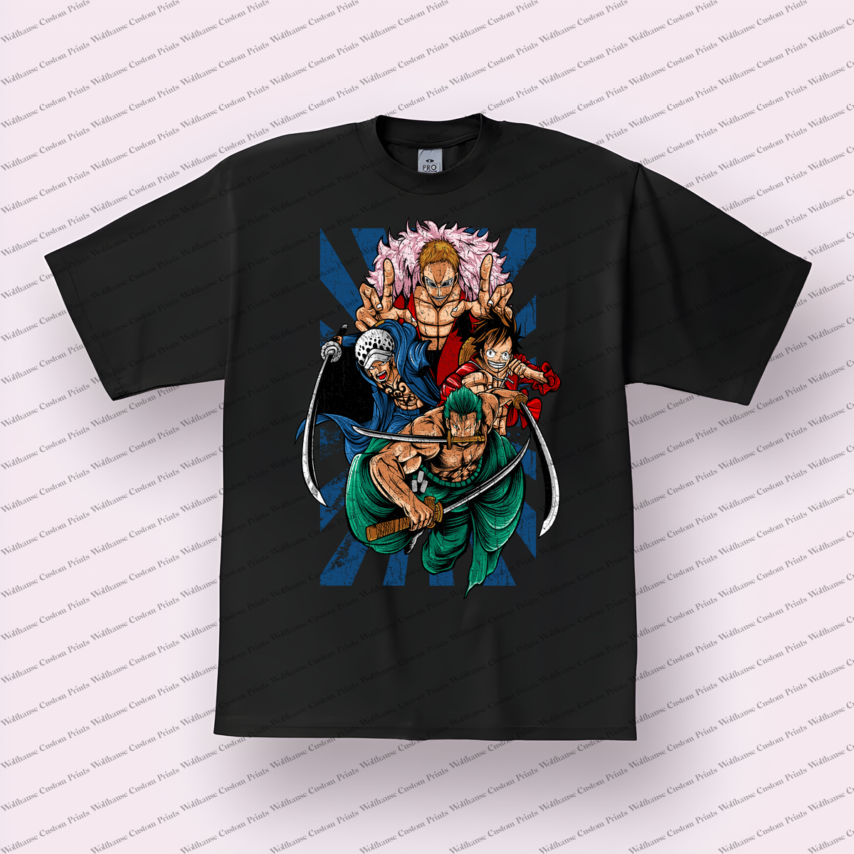 Straw Hat Crew Collage Battle Group Blue Background Distressed Anime Graphic T-Shirt