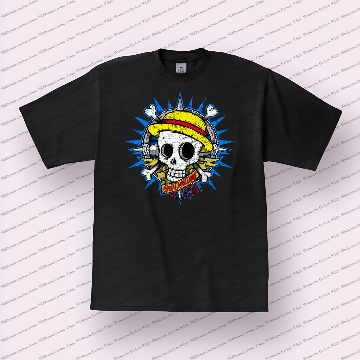 Straw Hat Skull Logo Blue Distressed Anime Graphic T-Shirt