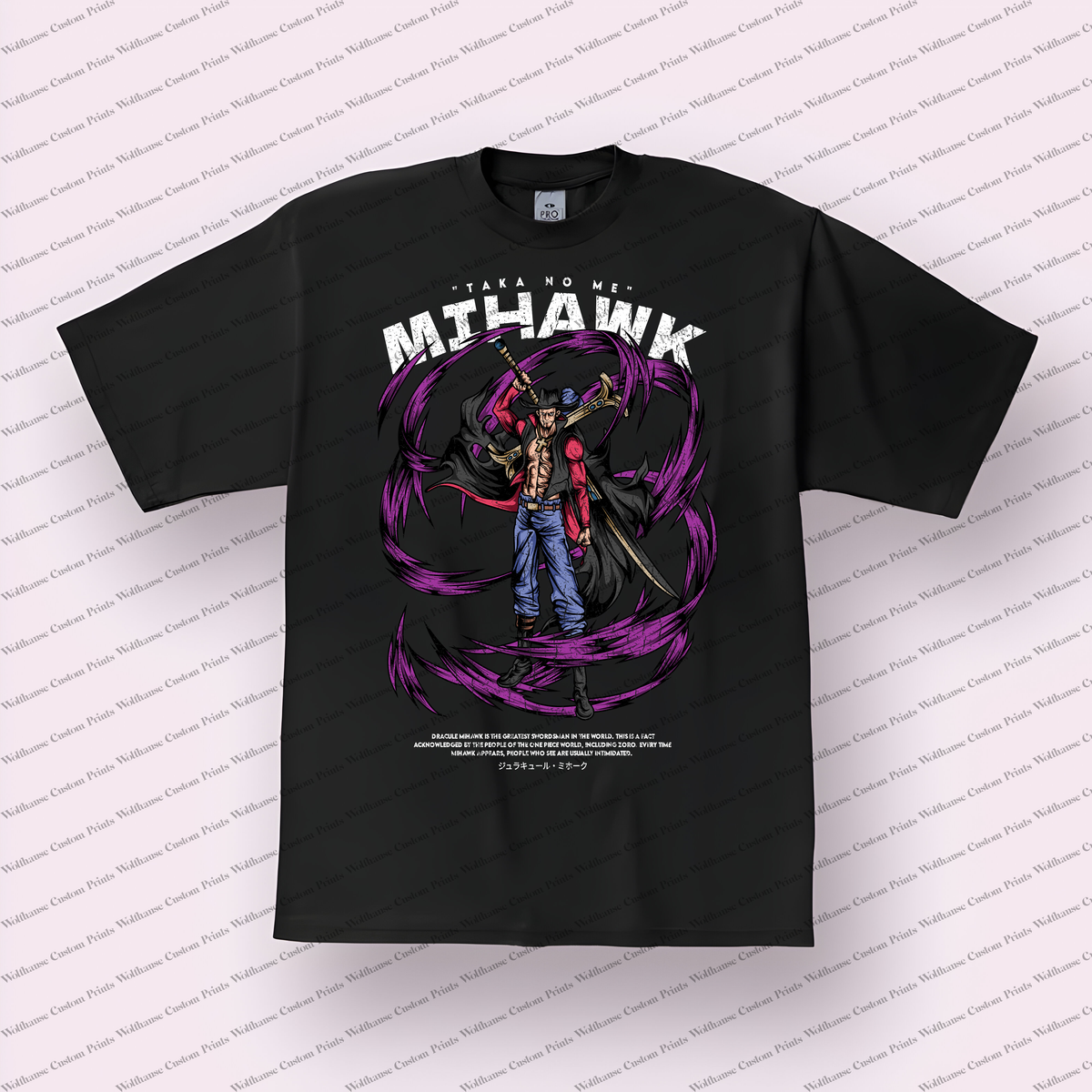 Mihawk Sword Pose Purple Swirl Distressed Anime Graphic T-Shirt