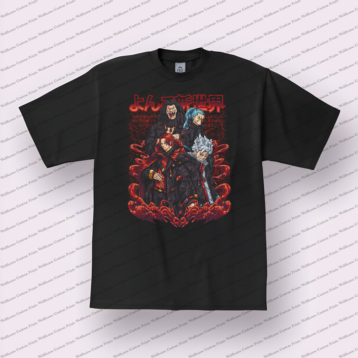 Straw Hat Crew Collage Four Emperors Dark Red Flames Distressed Anime Graphic T-Shirt