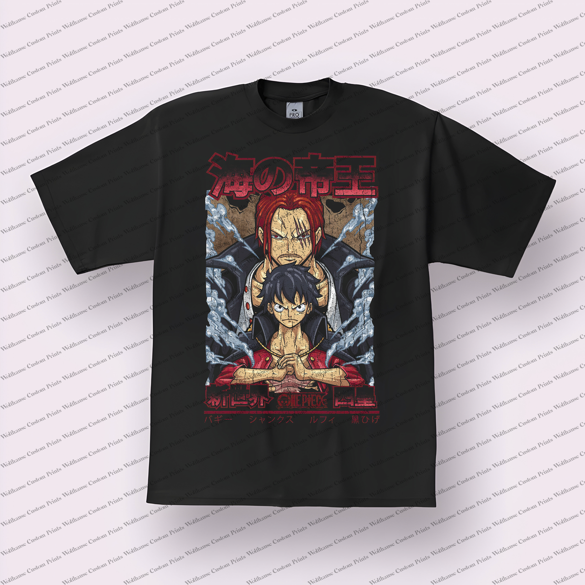 Shanks and Luffy Emperors Duo Red Blue Distressed Anime Graphic T-Shirt