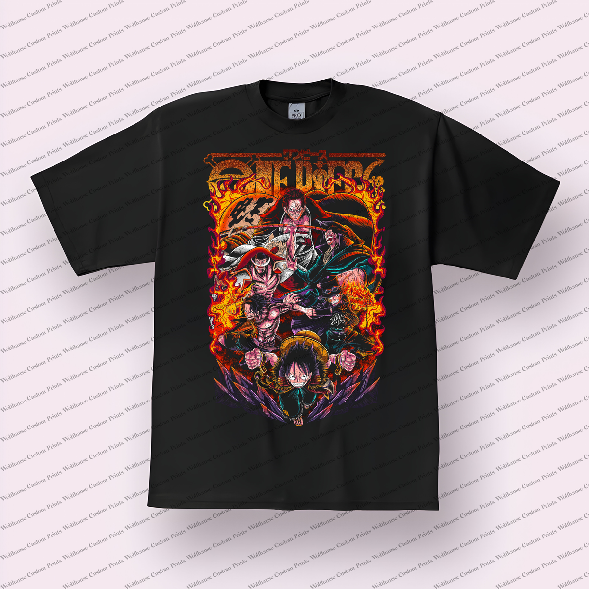 Luffy and Shanks Group Shot Flames Logo Distressed Anime Graphic T-Shirt