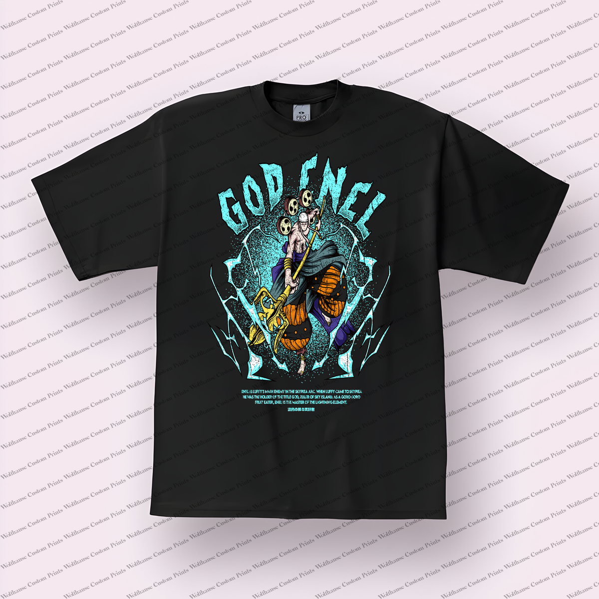 Enel God Lightning Blue Staff Distressed Anime Graphic T-Shirt
