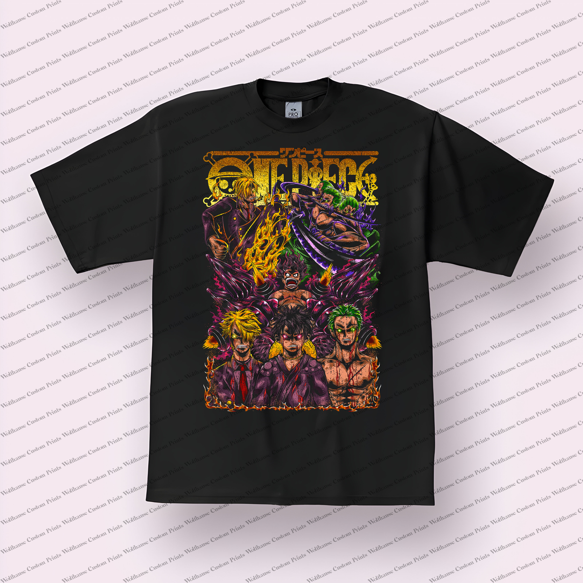 Straw Hat Crew Collage Monster Trio Flames Distressed Anime Graphic T-Shirt