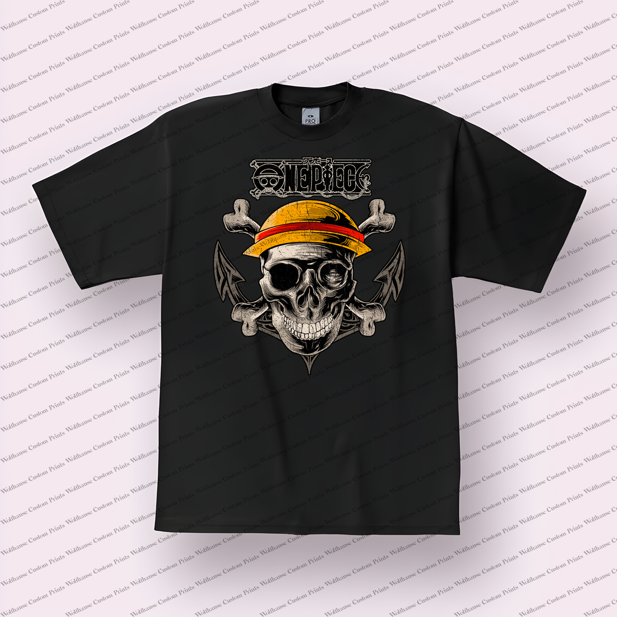 Straw Hat Skull Anchors Distressed Anime Graphic T-Shirt