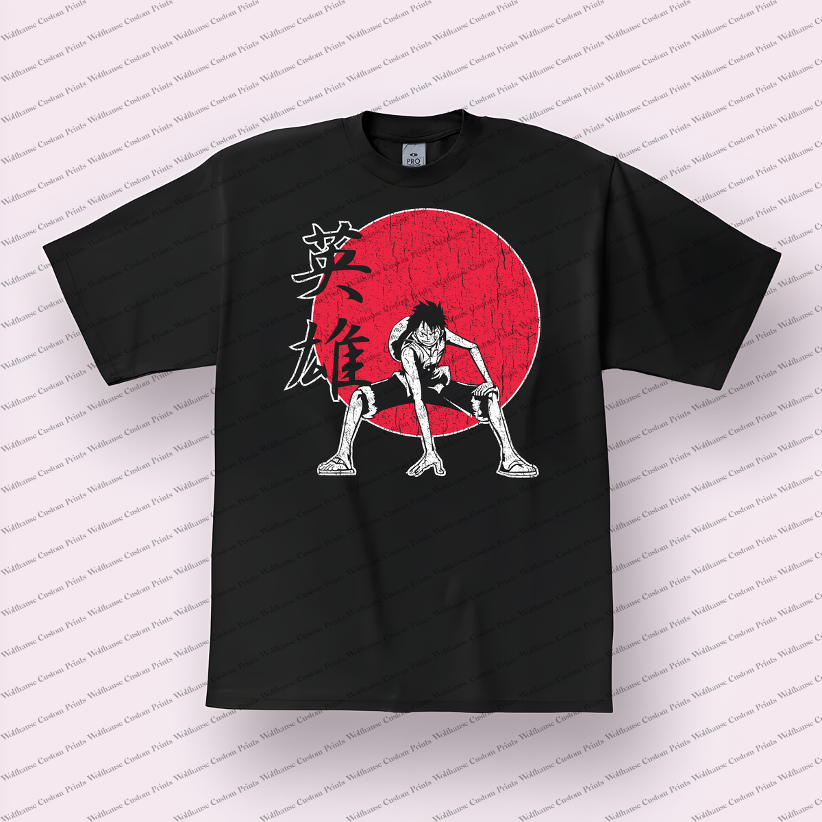 Luffy Hero Kanji Red Sun Distressed Anime Graphic T-Shirt
