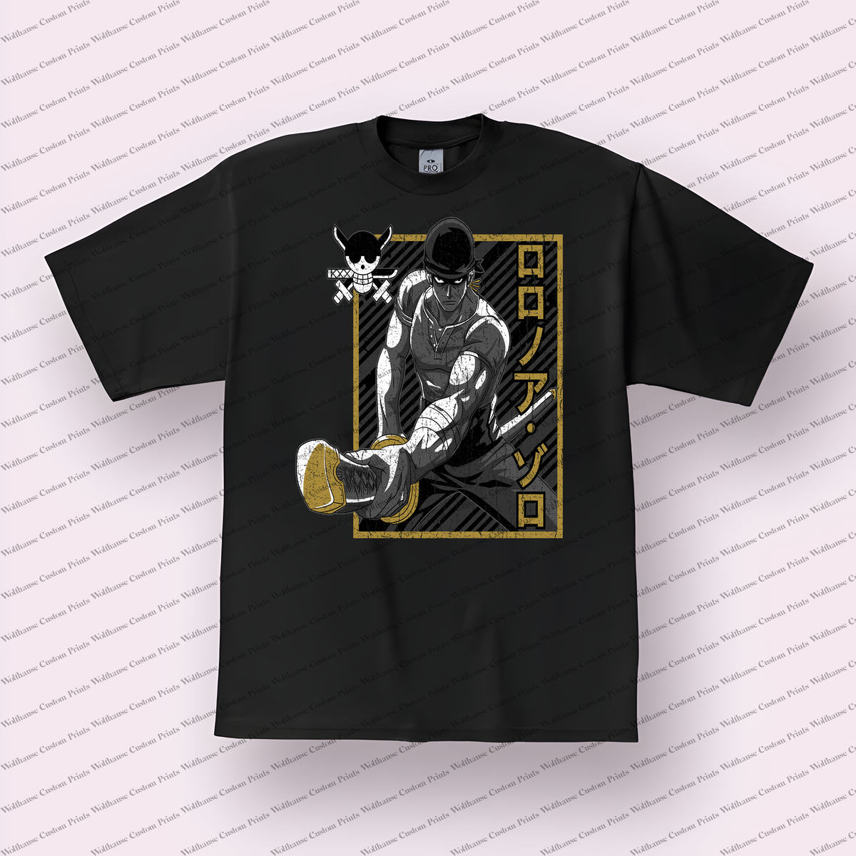 Zoro Framed Sword Draw Pose Distressed Anime Graphic T-Shirt