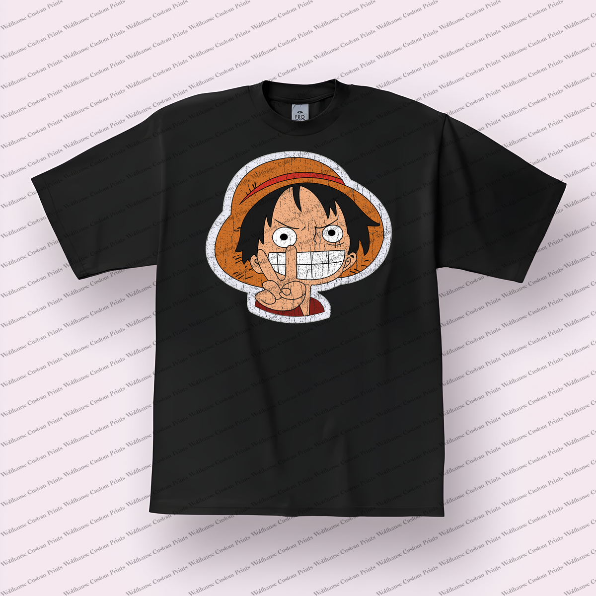 Luffy Chibi Head Sticker Style Distressed Anime Graphic T-Shirt