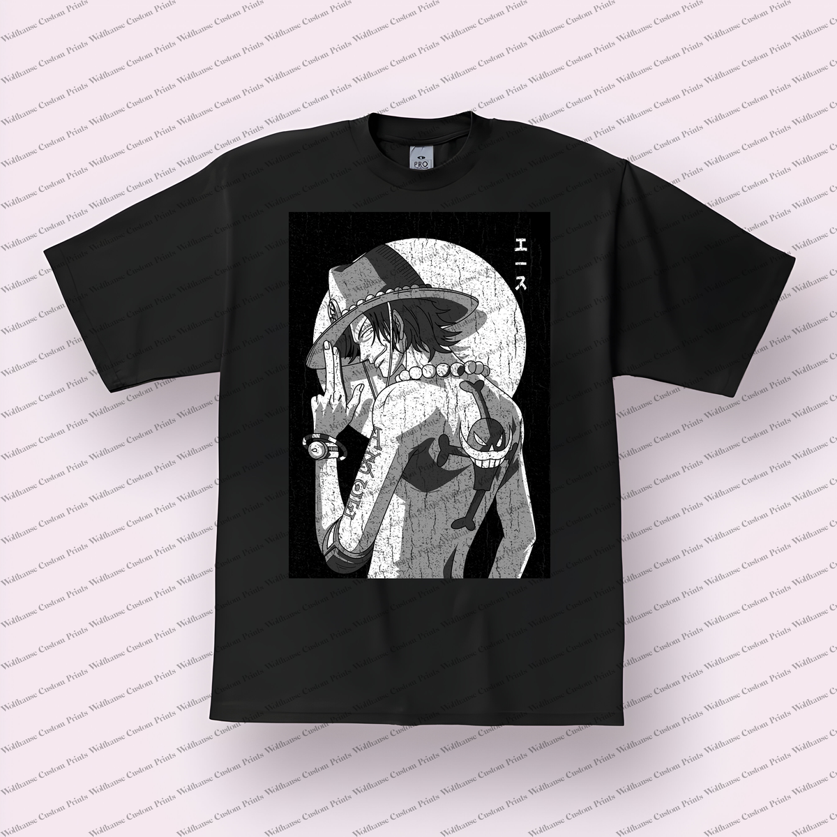 Ace Moonlit Monochrome Portrait Tipping Hat Distressed Anime Graphic T-Shirt