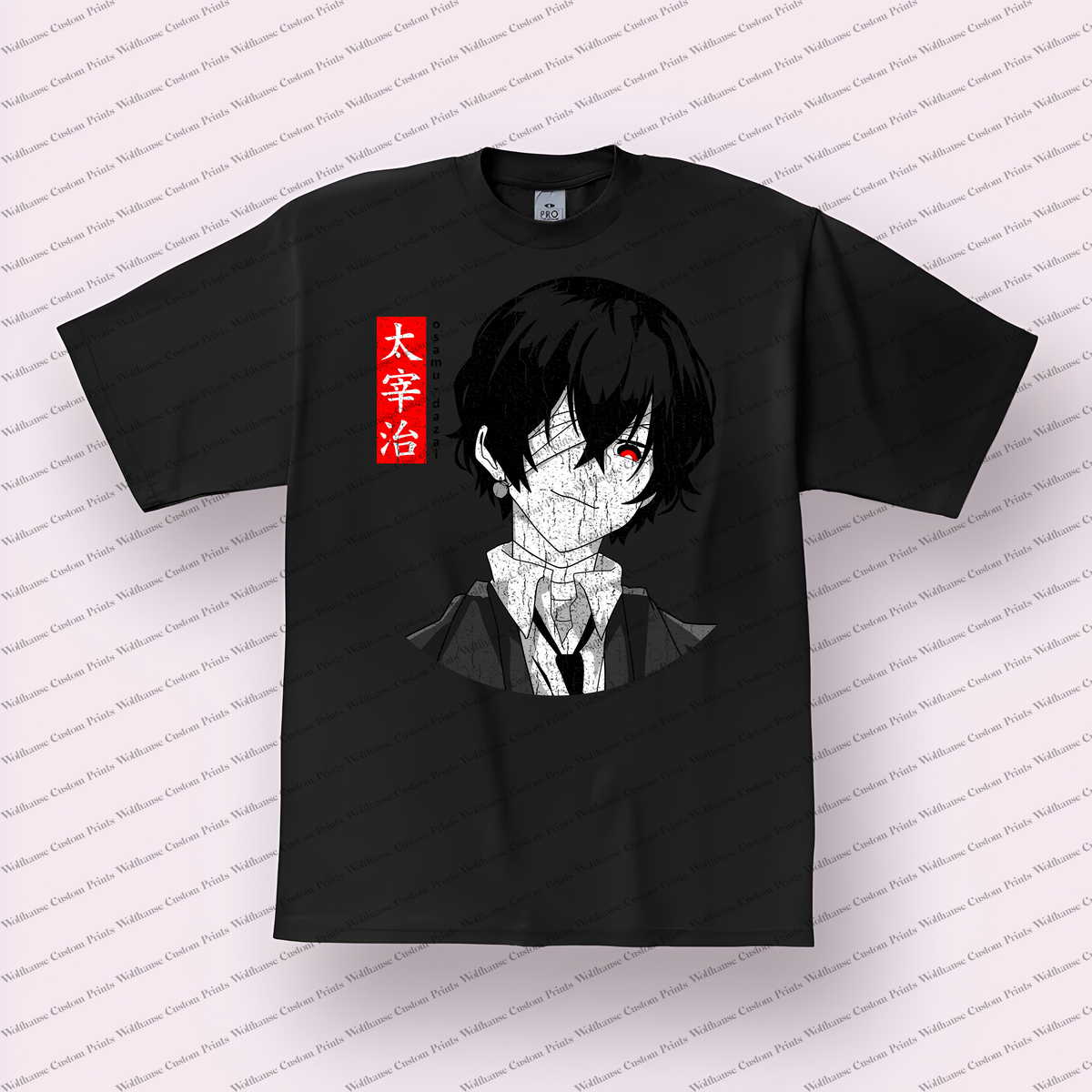 Dazai Monochrome Portrait Red Kanji Distressed Anime Graphic T-Shirt