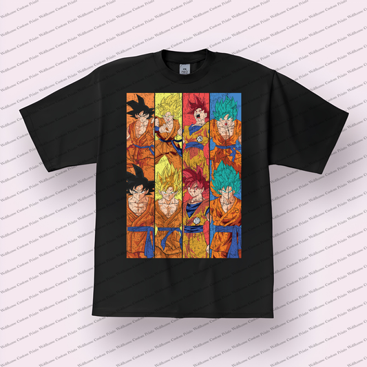 Goku Transformation Evolution Grid Distressed Anime Graphic T-Shirt