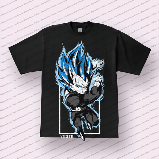 Vegeta Chibi Super Saiyan Blue Battle Pose Distressed Anime Graphic T-Shirt