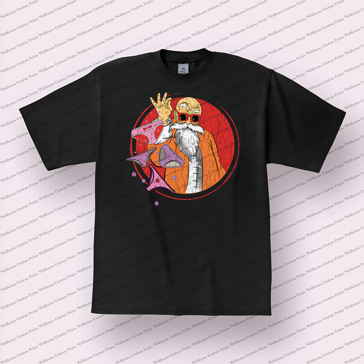 Master Roshi Waving Hand Portrait Distressed Anime Graphic T-Shirt