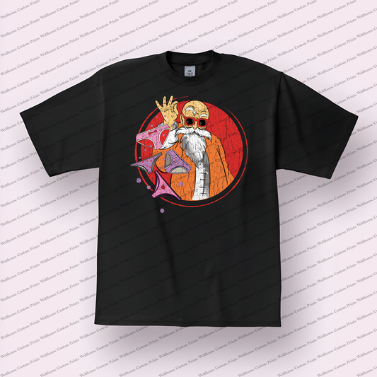 Master Roshi Waving Hand Portrait Distressed Anime Graphic T-Shirt