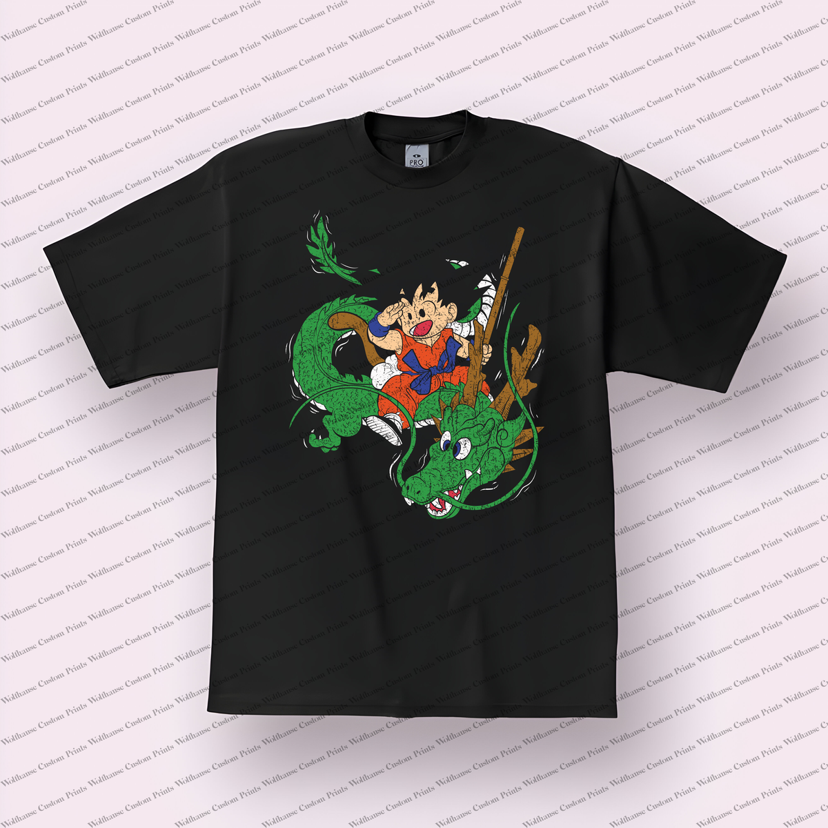 Goku and Shenron Kid Riding Distressed Anime Graphic T-Shirt