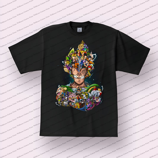 Vegeta Character Collage Silhouette Distressed Anime Graphic T-Shirt