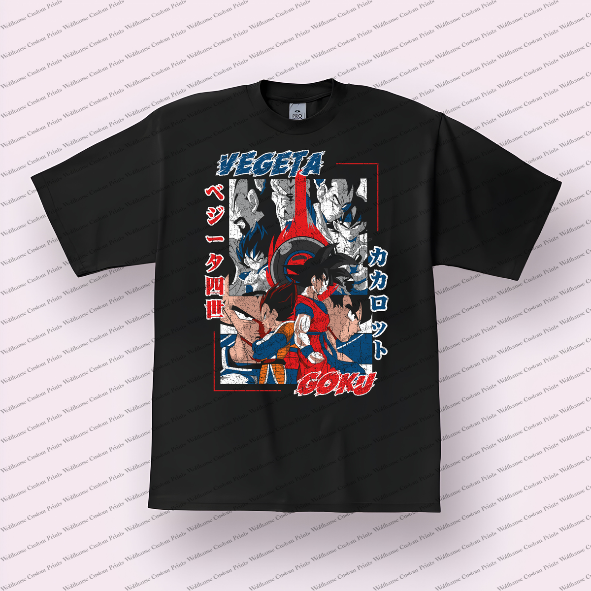 Vegeta and Goku Name Collage Distressed Anime Graphic T-Shirt