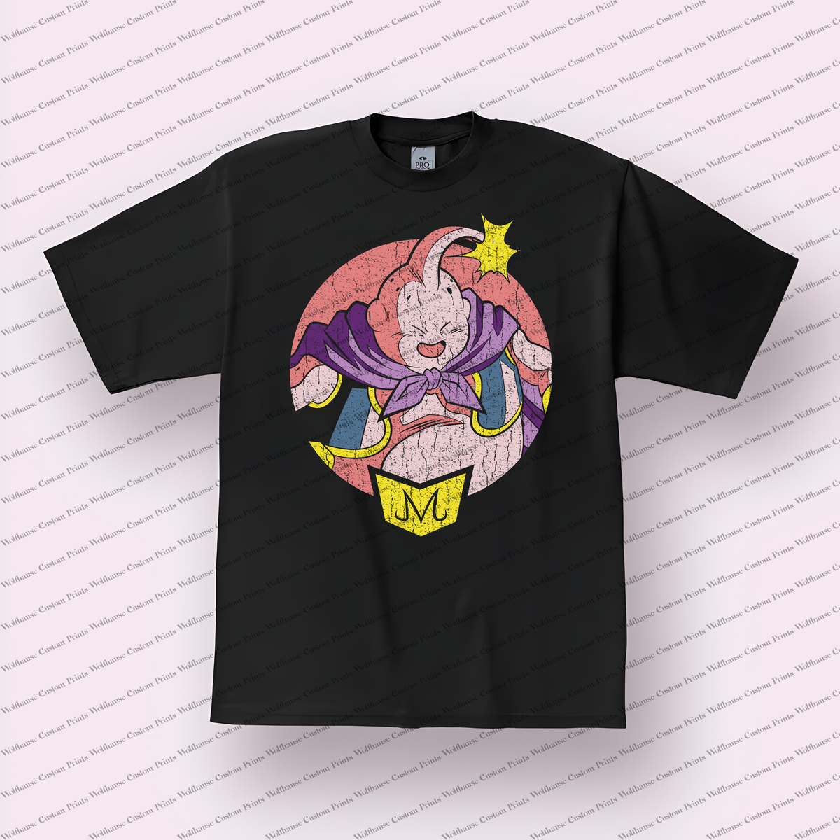 Majin Buu Pink Portrait M Badge Distressed Anime Graphic T-Shirt