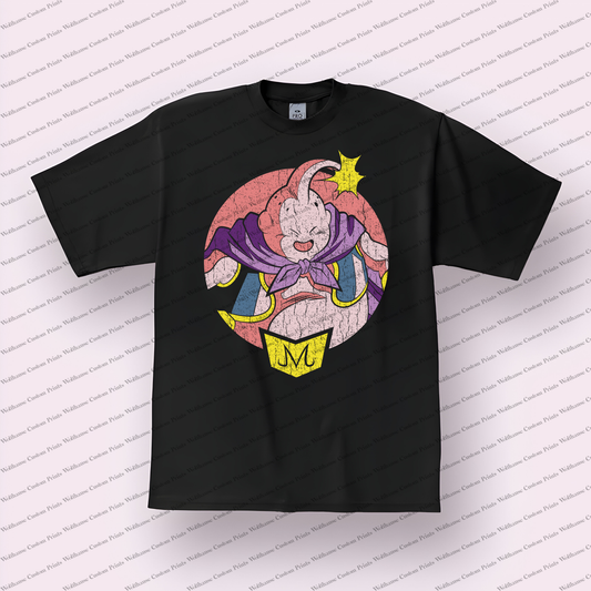 Majin Buu Pink Portrait M Badge Distressed Anime Graphic T-Shirt