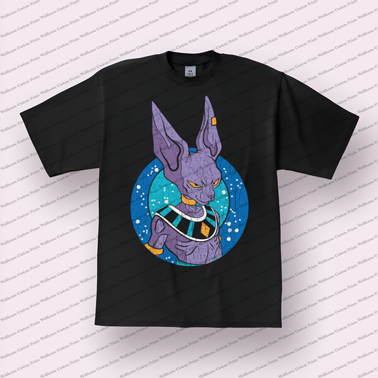 Beerus Purple Portrait Circle Background Distressed Anime Graphic T-Shirt