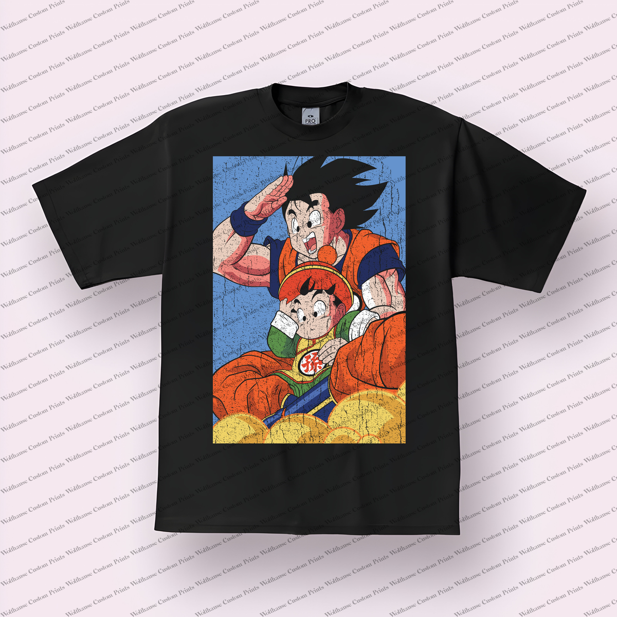Goku and Gohan Salute with Kid on Shoulders Distressed Anime Graphic T-Shirt