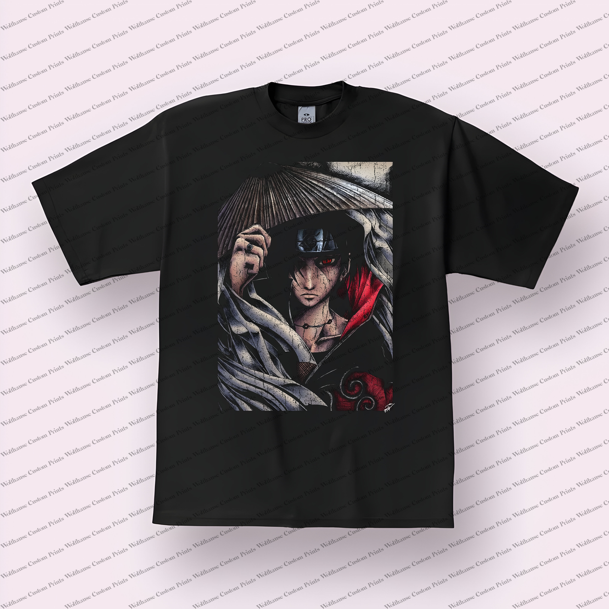Itachi Straw Hat Portrait Monochrome Distressed Anime Graphic T-Shirt