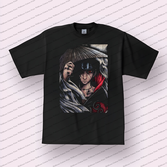 Itachi Straw Hat Portrait Monochrome Distressed Anime Graphic T-Shirt