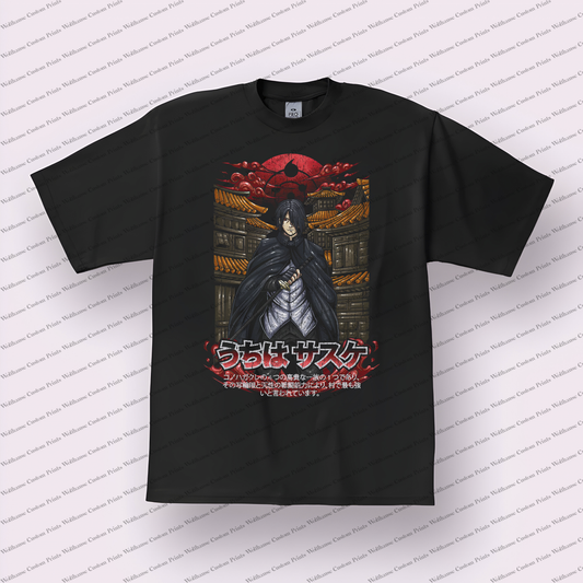 Sasuke Temple Red Moon Cloak Distressed Anime Graphic T-Shirt