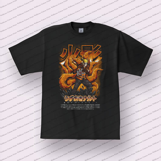 Naruto and Kurama Nine-tails Behind Orange Distressed Anime Graphic T-Shirt