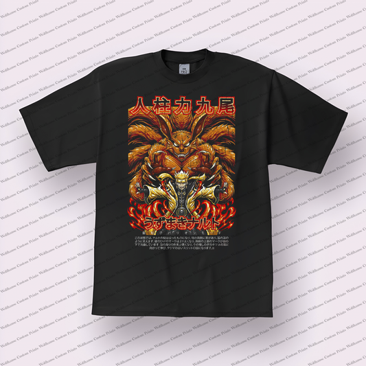 Kurama and Naruto Nine-tails Full Body Flames Distressed Anime Graphic T-Shirt