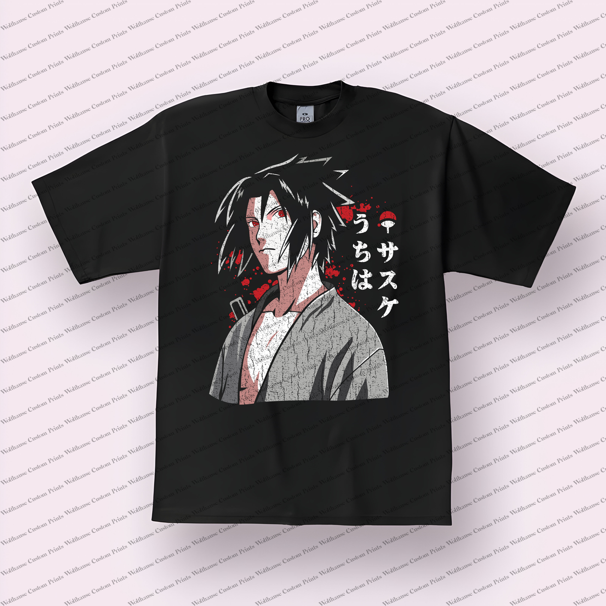 Sasuke Portrait Grey Red Splatter Distressed Anime Graphic T-Shirt