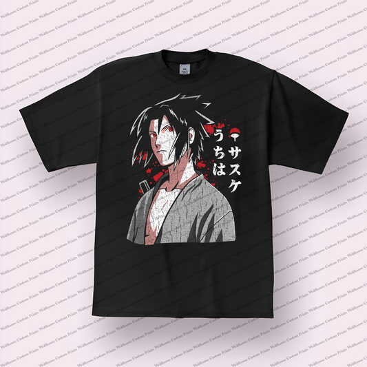 Sasuke Portrait Grey Red Splatter Distressed Anime Graphic T-Shirt