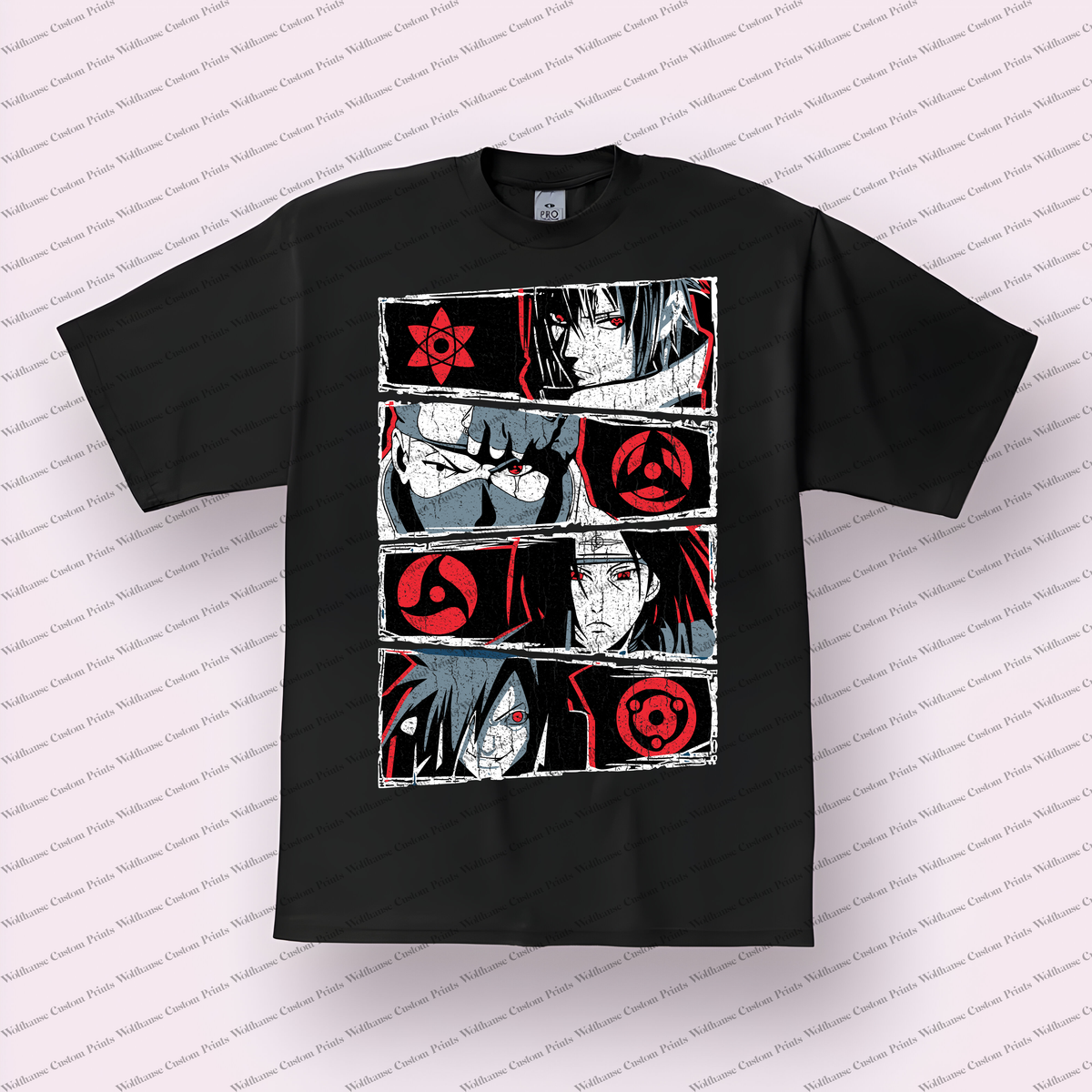 Sasuke and Itachi Sharingan Eyes Manga Panels Distressed Anime Graphic T-Shirt