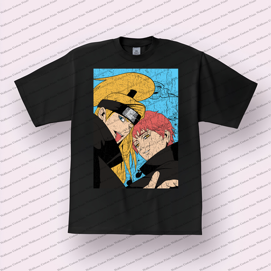 Deidara and Sasori Akatsuki Duo Portrait Distressed Anime Graphic T-Shirt