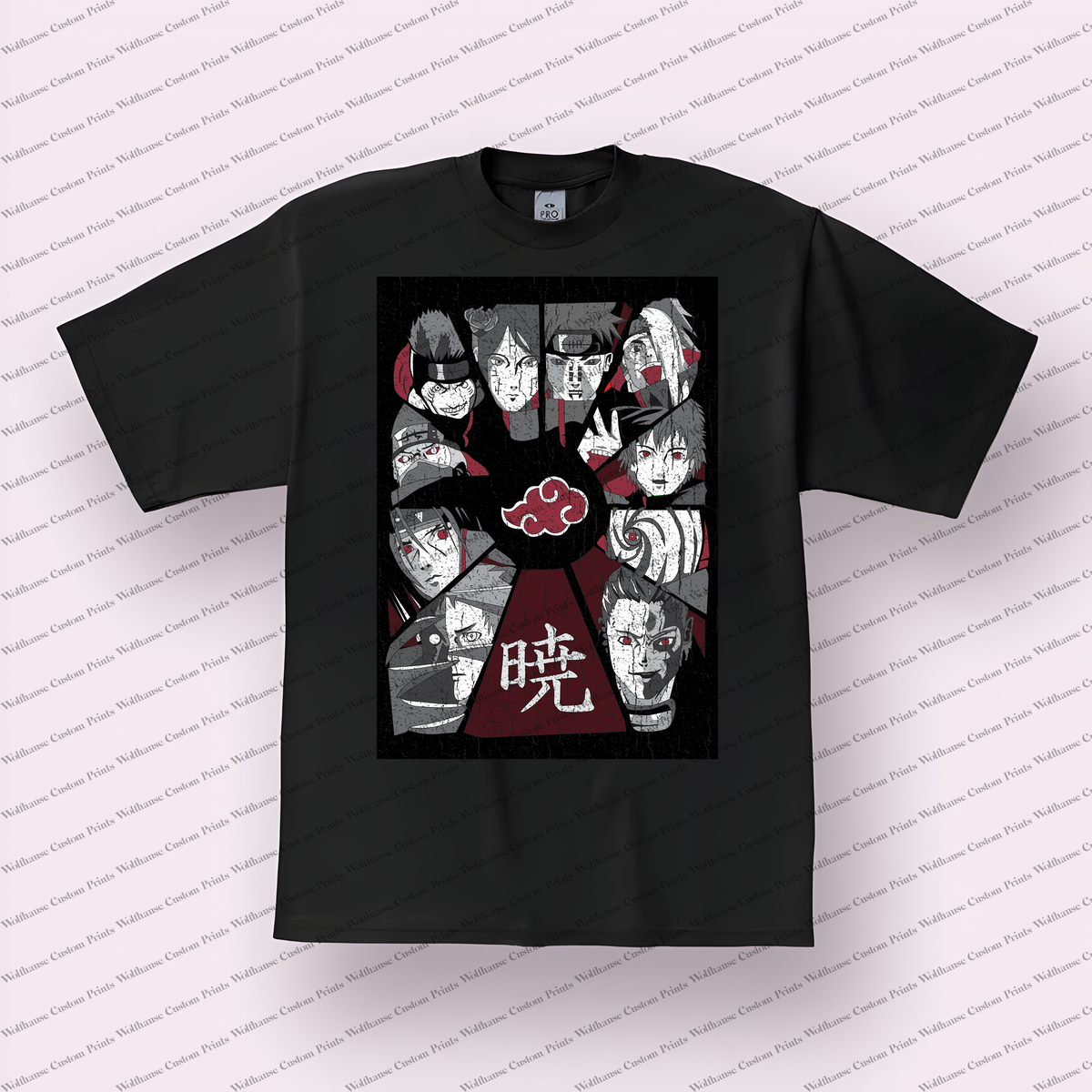Akatsuki (group) Members Collage Monochrome Red Distressed Anime Graphic T-Shirt
