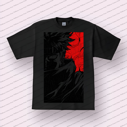 Kakashi Dark Silhouette Red Sharingan Distressed Anime Graphic T-Shirt