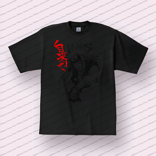 Jiraiya Dark Portrait Red Kanji Distressed Anime Graphic T-Shirt