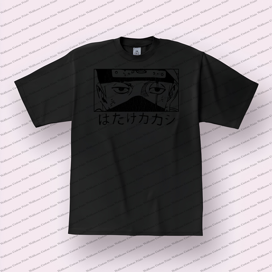 Kakashi Eyes Close-up Japanese Text Distressed Anime Graphic T-Shirt