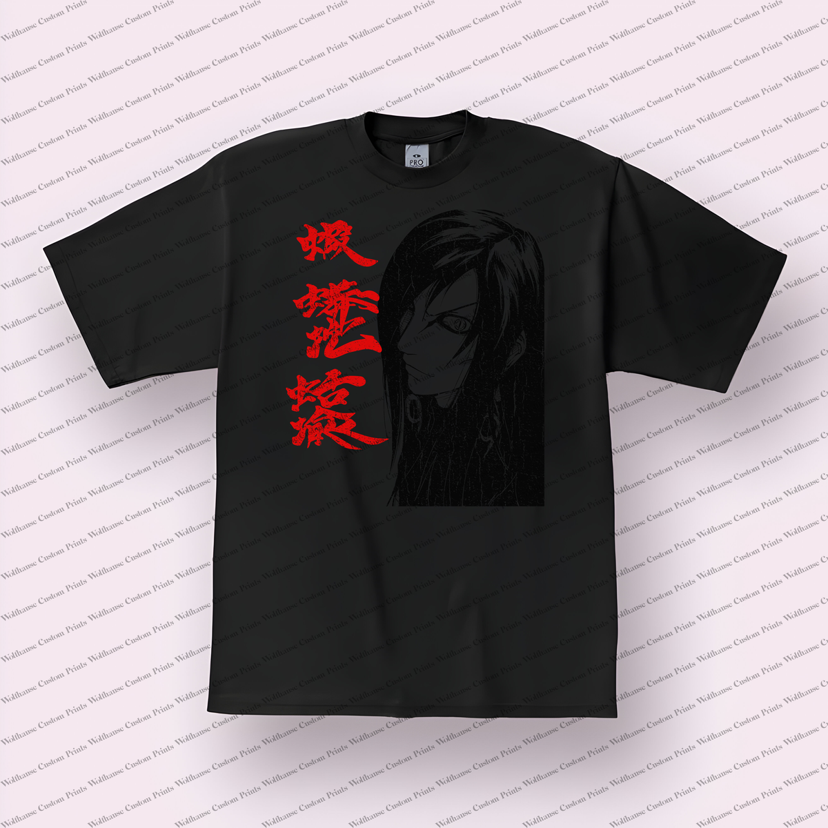 Orochimaru Side Profile Red Kanji Distressed Anime Graphic T-Shirt